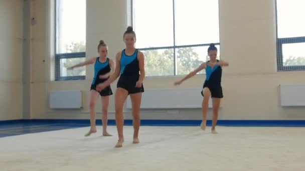 Three gymnast girls showing their performance in the dancing hall. Mid shot - Footage, Video