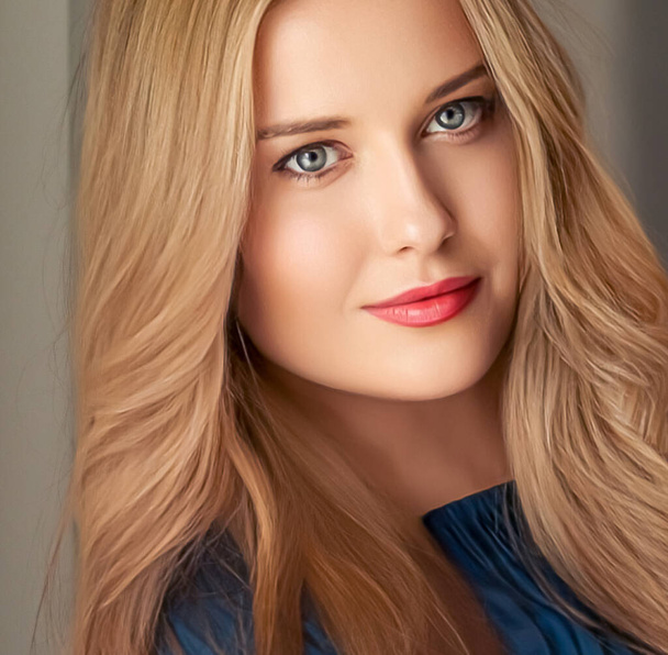 Beauty and femininity, beautiful blonde woman with long blond hair, natural portrait closeup - Fotó, kép