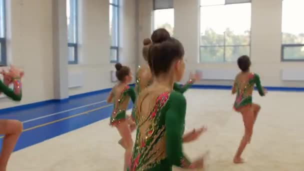 Een groep kleine meisjes gymnasten in kleurrijke kostuums tonen een voorstelling in de danszaal tijdens de training. Tussenschot - Video