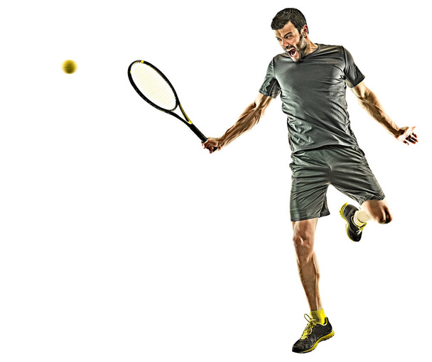volwassen tennis speler man volledige lengte geïsoleerd op witte achtergrond - Foto, afbeelding