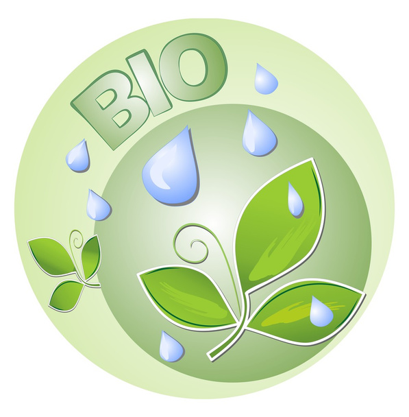 Этикетка для биопродукта с листьями и капельками
 - Вектор,изображение