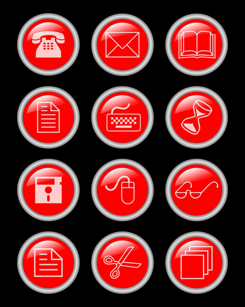 Set of internet and office circle buttons in glass design with metallic frames, shiny icons in red design - Vektor, kép