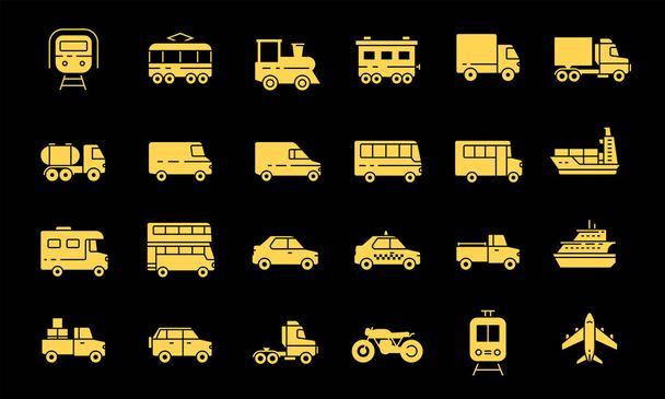 輸送と車両のアイコングリフセット。公共交通機関、貨物および配送車両の設計要素に適しています。交通機関の様々なライン. - ベクター画像