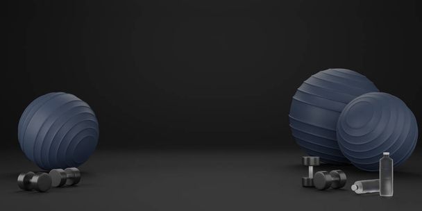 "Металлический гантель, синий мяч и бутылка питьевой воды. Оборудование для фитнеса на черном фоне. 3D рендеринг" - Фото, изображение