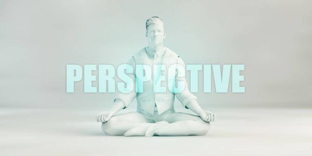 das Wort "Perspektive" und ein Mann in Lotuspose auf dem Hintergrund - Foto, Bild