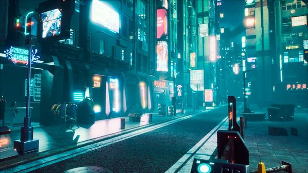 "Calle neón neón nebulosa desierta de la ciberciudad con oscuros edificios solitarios. Vista de una futura ciudad de ficción. Renderizado 3D." - Foto, imagen