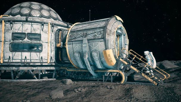 "Vue de la surface lunaire, de la colonie lunaire et des astronautes travaillant à la base lunaire près du rover lunaire. Rendu 3D." - Photo, image