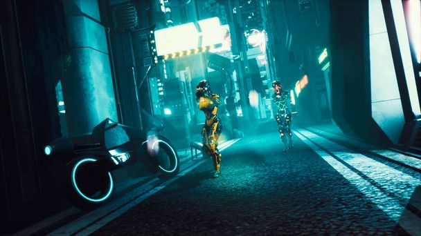 "Un cibersoldado camina por las oscuras calles de la ciudad cibernética del futuro. Vista de una futura ciudad de ficción. Renderizado 3D." - Foto, Imagen