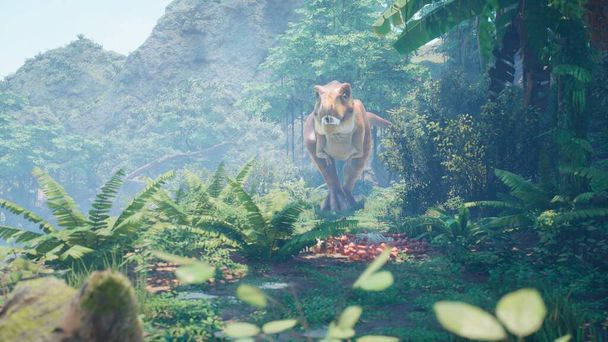 "A Tyrannosaurus Rex dinoszaurusz lassan leselkedik zsákmányára egy zöld őskori dzsungelben. Kilátás a zöld őserdőre egy napos reggelen. 3D Renderelés." - Fotó, kép