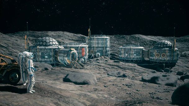 "Gli astronauti vicino al loro rover lunare ammirano la base lunare della loro colonia lunare. Vista della superficie lunare e della base spaziale. Rendering 3D." - Foto, immagini