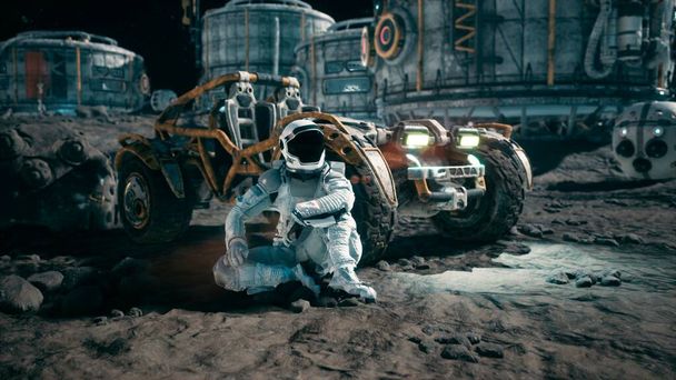 "L'astronaute se repose près de son rover lunaire et admire la planète. Vue de la surface lunaire et de la base spatiale. Rendu 3D." - Photo, image