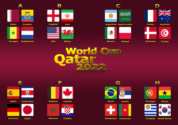 3d illustration groups of World Cup Qatar 2022 championship. All 32 qualifying countries. On the background of the flag of Qatar. - Foto, afbeelding