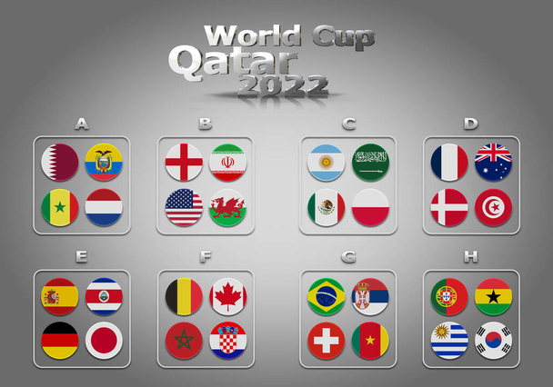 3d illustration groups of World Cup Qatar 2022 championship. All 32 qualifying countries. - Foto, Imagem