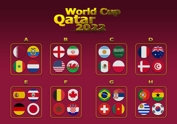 3d illustration groups of World Cup Qatar 2022 championship. All 32 qualifying countries. On the background of the flag of Qatar. - Photo, Image