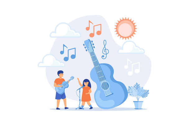 Στα χαρούμενα παιδιά αρέσει να τραγουδούν και να παίζουν κιθάρα στην κατασκήνωση, μικροσκοπικοί άνθρωποι. Μουσική κατασκήνωση, νέα μουσικά ταλέντα, μουσική και μαθήματα τραγουδιού έννοια. επίπεδο διάνυσμα σύγχρονη απεικόνιση - Διάνυσμα, εικόνα