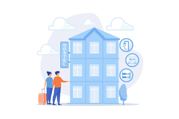 Cheap inn, affordable guesthouse. College dormitory, motel check in. Hostel services, lower priced accommodation, best hostel facilities concept. flat vector modern illustration - Vector, Image