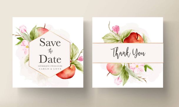 évjárat virágos akvarell botanikus alma és rózsaszín virág esküvői meghívó sablon - Vektor, kép