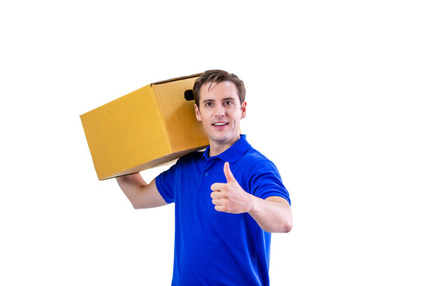 "Delivery man carrying package carton box isolated on white background." - Fotó, kép