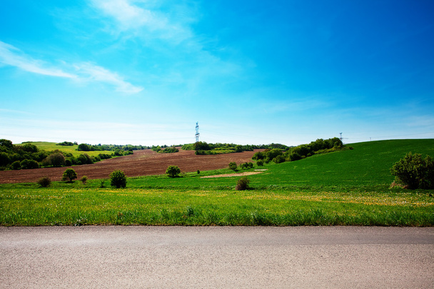 Meadow and power line against the blue sky - Fotografie, Obrázek