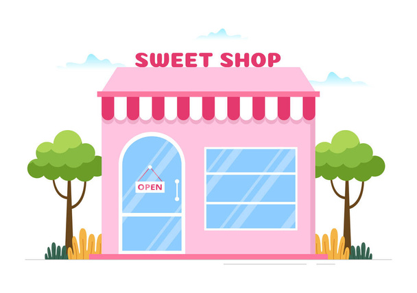 Γλυκό κατάστημα πώλησης διαφόρων προϊόντων αρτοποιίας, Cupcake, κέικ, ζαχαροπλαστικής ή καραμέλα σε επίπεδο στυλ κινουμένων σχεδίων Χέρι Σχεδιασμένο Πρότυπα Εικονογράφηση - Διάνυσμα, εικόνα