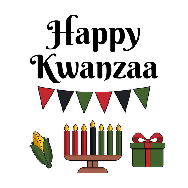 Cartão de saudação Happy Kwanzaa em estilo plano moderno com suporte de vela Kinara, milho, caixa de presente símbolos tradicionais de Kwanza. Vetor isolado sobre fundo branco. Celebração do património africano - Vetor, Imagem