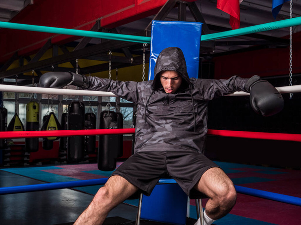 "Юный боксёр отдыхает на боксерских ринговых канатах" - Фото, изображение