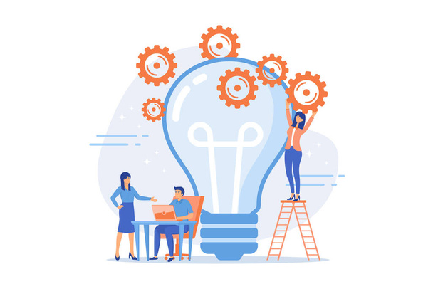 Business team putting gears on big lightbulb. New idea engineering, business model innovation and design thinking concept on white background, flat vector modern illustration - Vector, Image