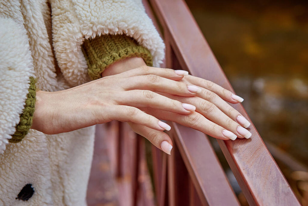 "Closeup of beautiful female hands touch gently each other" - 写真・画像
