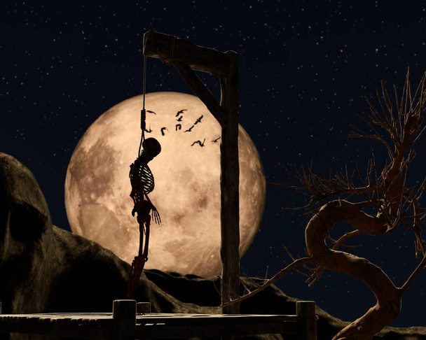 "Виселица в жуткую ночь с золотой полной луной и повешенным скелетом" - Фото, изображение