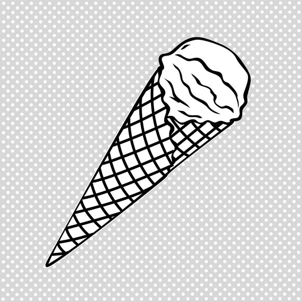 Delicioso helado en una taza de gofres. Pistacho, baya, fruta. Deliciosa comida, postre de verano. Vector ilustración de arte en blanco y negro - Vector, imagen