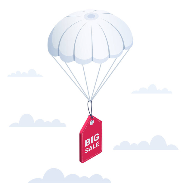 isometric vector illustration on a white background, a red price tag with an inscription big sale flying on a parachute among the clouds, discount promotion - Vettoriali, immagini