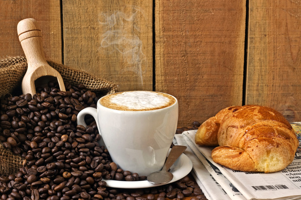 cappuccino, brioches and newspaper with background - Photo, Image