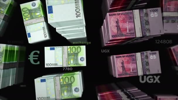 Euro and Uganda Shilling money exchange. Paper banknotes pack bundle. Concept of trade, economy, competition, crisis, banking and finance. Notes loopable seamless 3d animation. - Footage, Video
