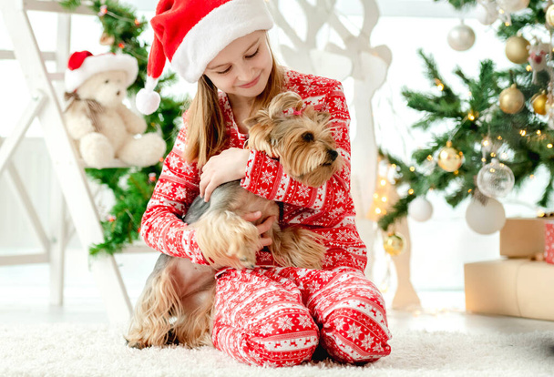 Kind in der Weihnachtszeit, süßes kleines Mädchen, das mit Hund spielt - Foto, Bild