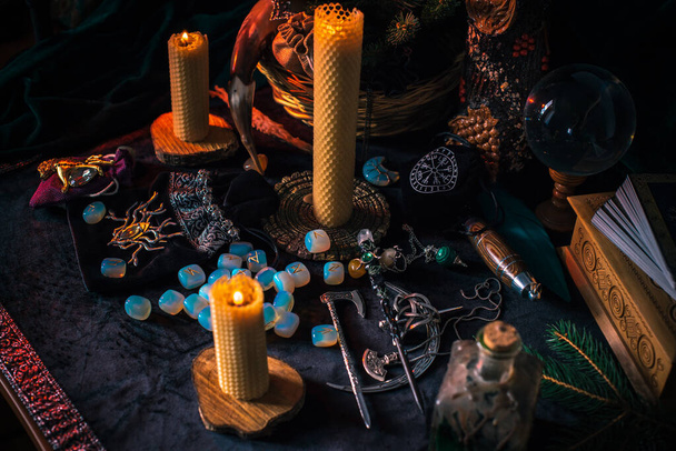 Scandinavian, Nordic concept, old world magic. Rite, pagan scene, North witch altar - Photo, Image