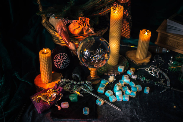Scandinavian, Nordic concept, old world magic. Rite, pagan scene, North witch altar - Photo, Image