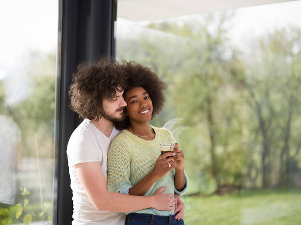 mutlu çok ırklı çifte rahatlatıcı modern ev kapalı - Fotoğraf, Görsel