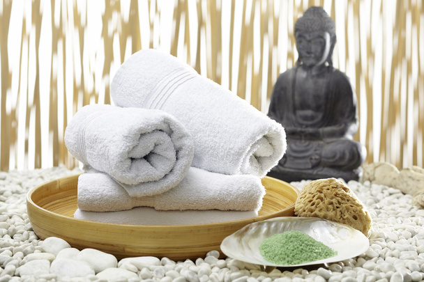 Bhuddha, towels, bath salts - Fotoğraf, Görsel