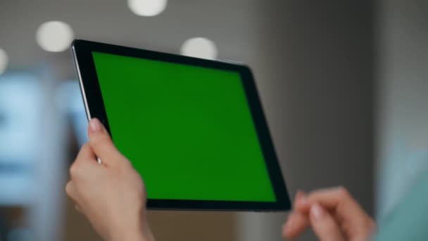 Unknown employee having mockup device conversation in office closeup. Anonymous woman manager making chromakey online video call job interview. Unrecognizable boss waving hand to green screen computer - Footage, Video