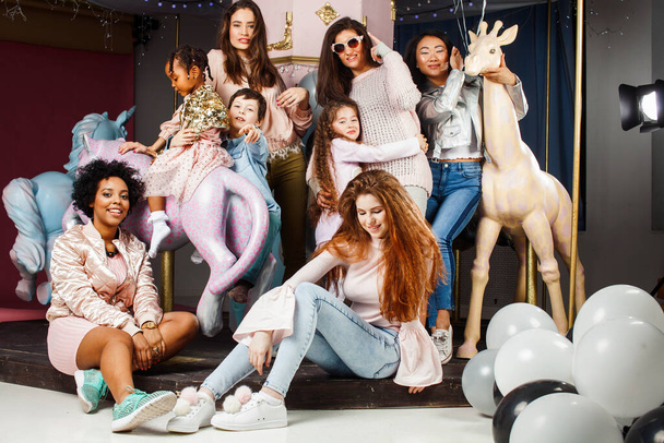 Lifestyle and people concept: young pretty diversity nations woman with different age children celebrating on birth day party together happy smiling, making selfie. African-american, Asian and Caucasian - Fotografie, Obrázek