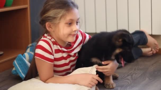 Girl hugging a puppy - Záběry, video