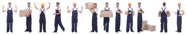 panoramic collage of male handyman isolated on white - Photo, Image
