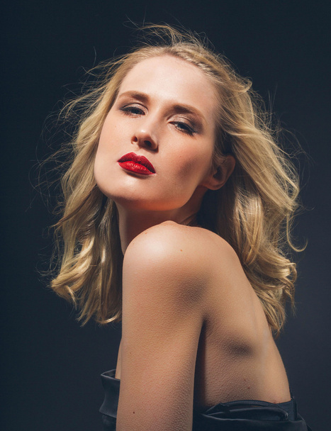 Beautiful Woman Dark Studio Portrait with red lips in black dress  classic passion sexy adult woman - 写真・画像
