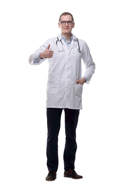 selbstbewusster männlicher Arzt, der auf dich zeigt. isoliert auf einem weißen - Foto, Bild