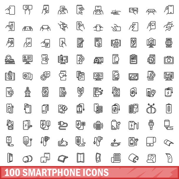 100 smartphone icons set. Outline illustration of 100 smartphone icons vector set isolated on white background - ベクター画像