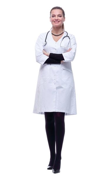 in full growth. female doctor with a stethoscope. - 写真・画像