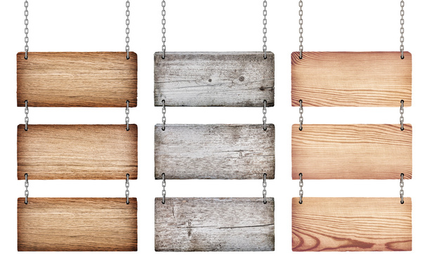 collection de divers panneaux en bois avec chaîne sur fond blanc
 - Photo, image