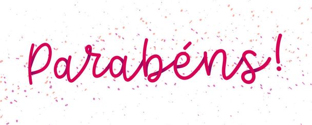Main cursive mot rouge Joyeux anniversaire en portugais brésilien avec confettis. Traduction - Joyeux anniversaire - Vecteur, image