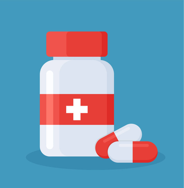 Medikamentenflasche mit Pillen drüber. Pharmazie und Behandlungskonzept Vektor Illustration Eps 10 - Vektor, Bild