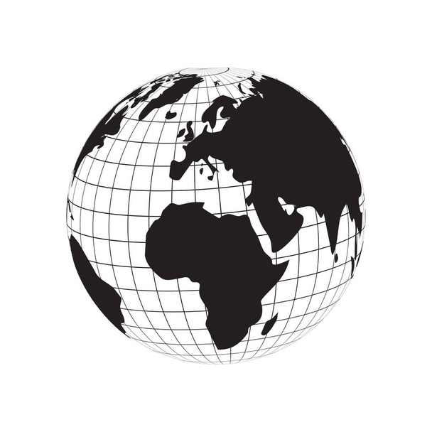 földgömb sziluett világtérkép kontinensek Európa és Afrika, Föld földrajzi szélesség és hosszúság vonal rács vektor - Vektor, kép